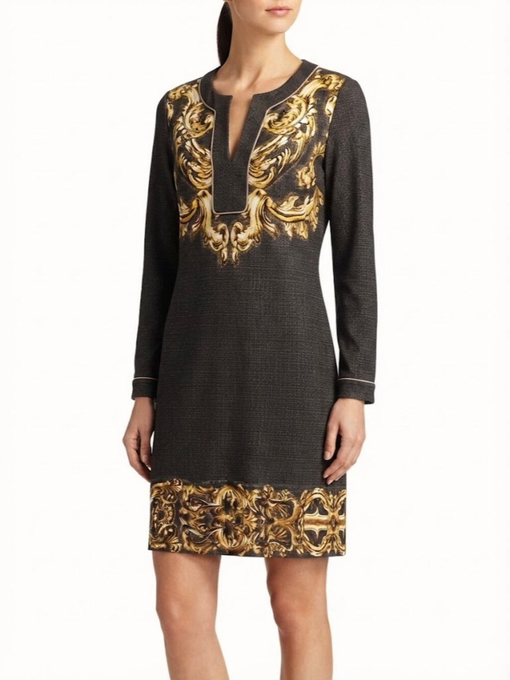 BCBG Max Azria "Hayden" Baroque Print Long Sleeve Stretch Tunic Dress- Sz. Sm